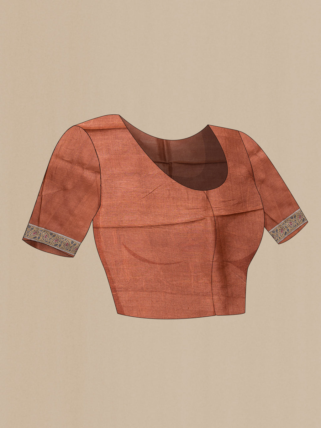 Close up image of the blouse of Orange Dual Tone Tussar Silk Saree with Printed design on the body and Printed Border. 