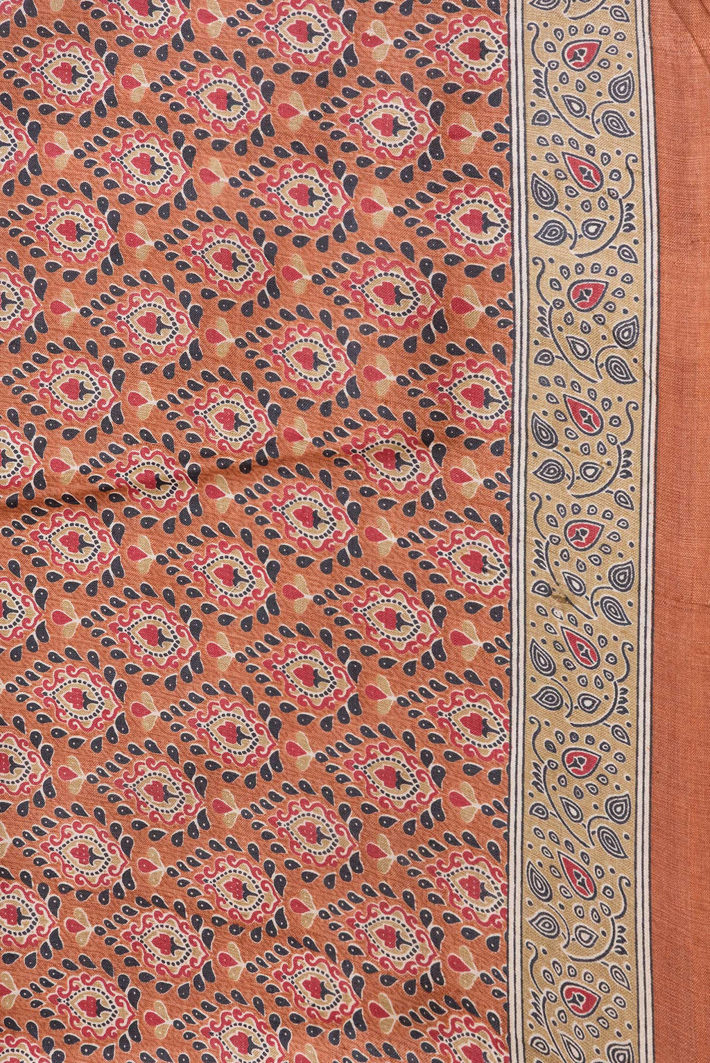Border image of Orange Dual Tone Tussar Silk Saree with Printed design on the body and Printed Border. 