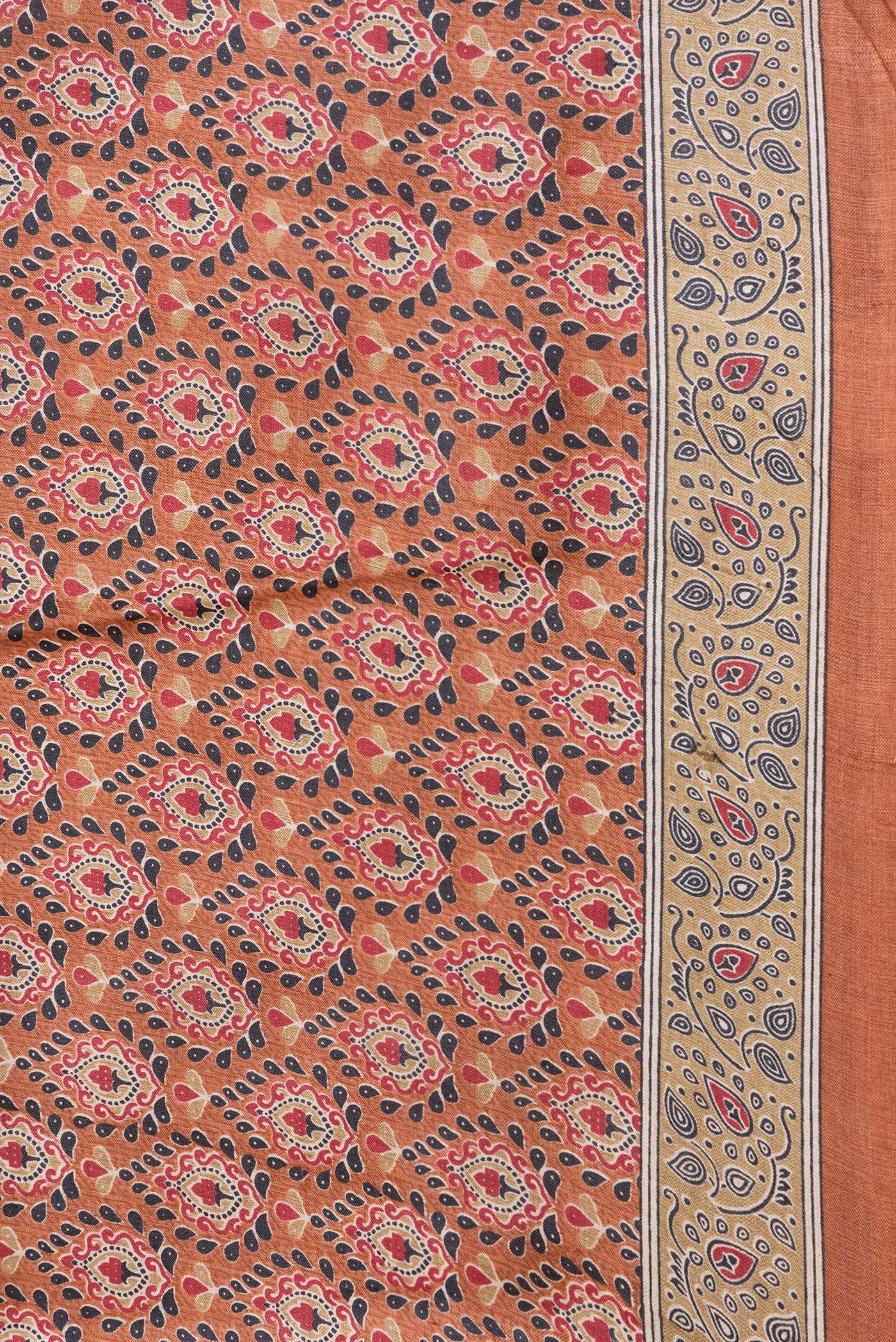 Border image of Orange Dual Tone Tussar Silk Saree with Printed design on the body and Printed Border. 