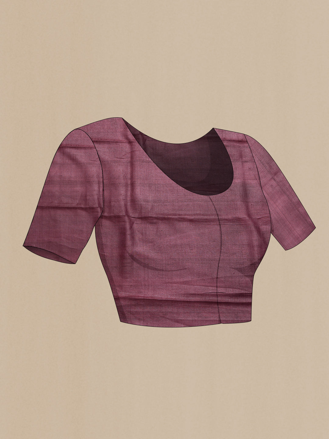 Close up image of the blouse of Maroon Dual Tone Tussar Silk Saree with Printed design on the body and Without Border. 