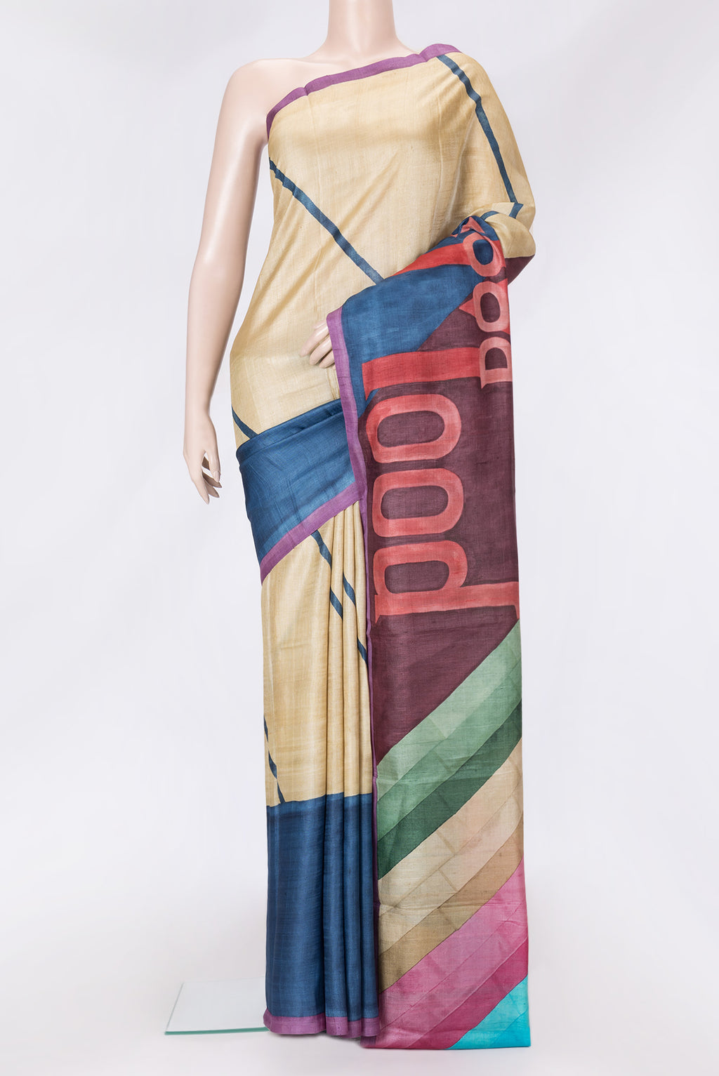 Maroon Dual Tone Tussar Silk Saree with Printed design on the body and Without Border.  displayed on a mannequin