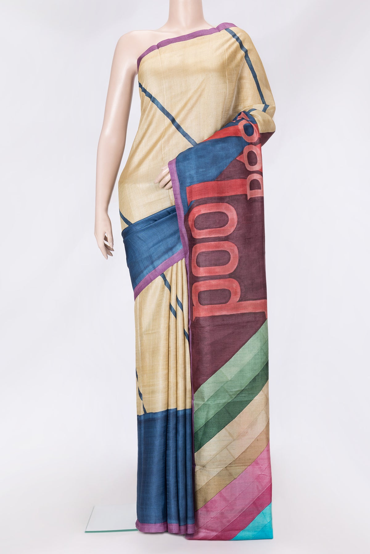 Maroon Dual Tone Tussar Silk Saree with Printed design on the body and Without Border.  displayed on a mannequin
