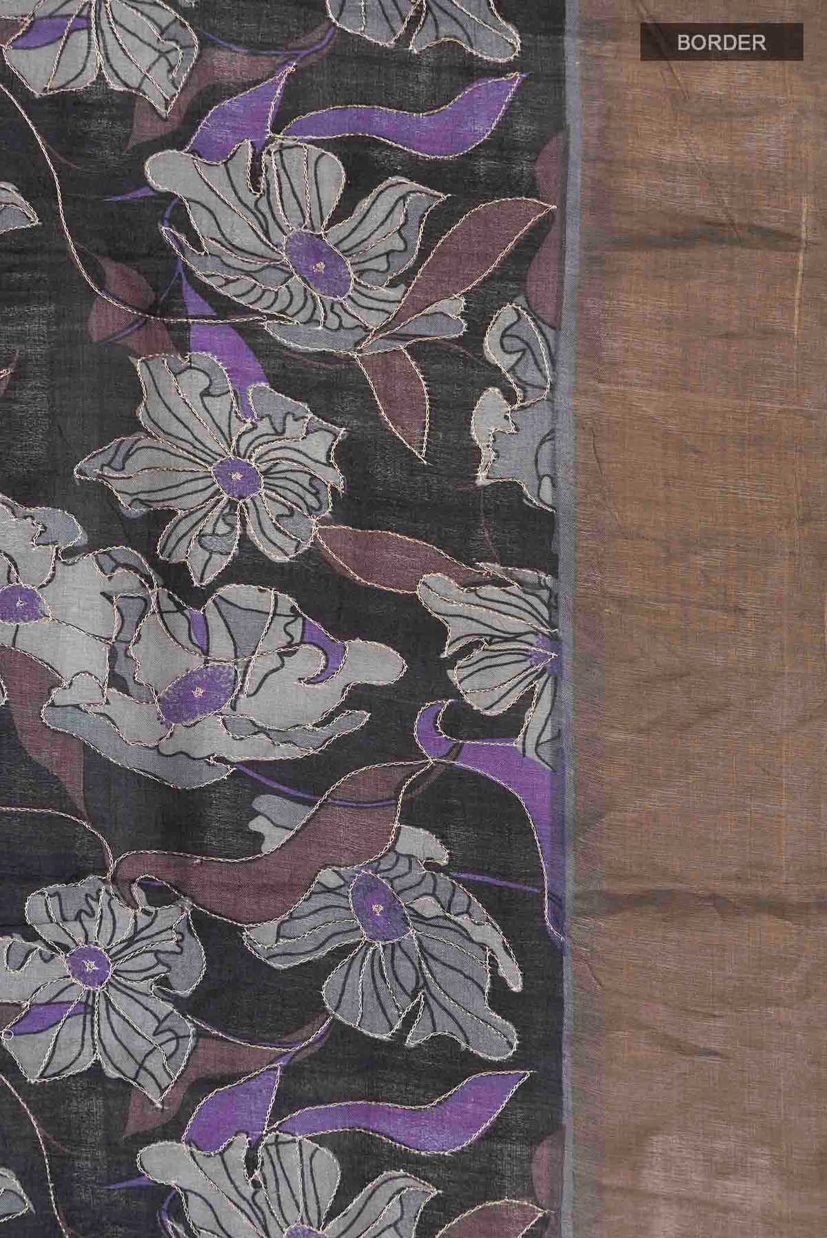 Border image of Black Bhagalpuri Tussar Silk Saree with Printed design on the body and Zari Border