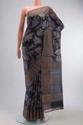 Black Bhagalpuri Tussar Silk Saree with Printed design on the body and Zari Border displayed on a mannequin