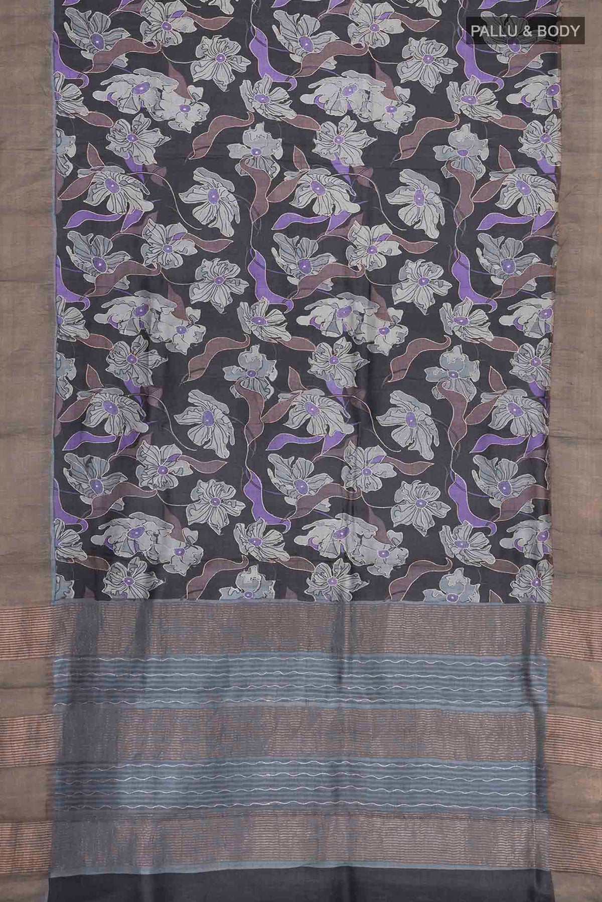 Flat view of Black Bhagalpuri Tussar Silk Saree with Printed design on the body and Zari Border