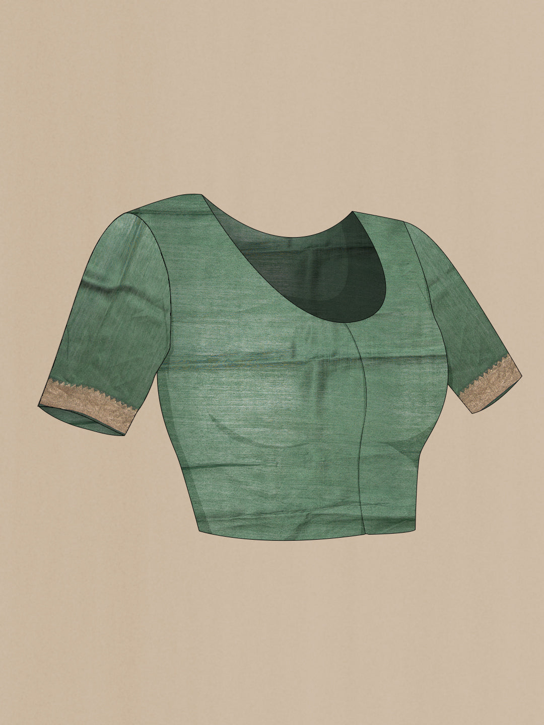 Close up image of the blouse of Green Dual Tone Tussar Silk Saree with Printed design on the body and Zari Border. 