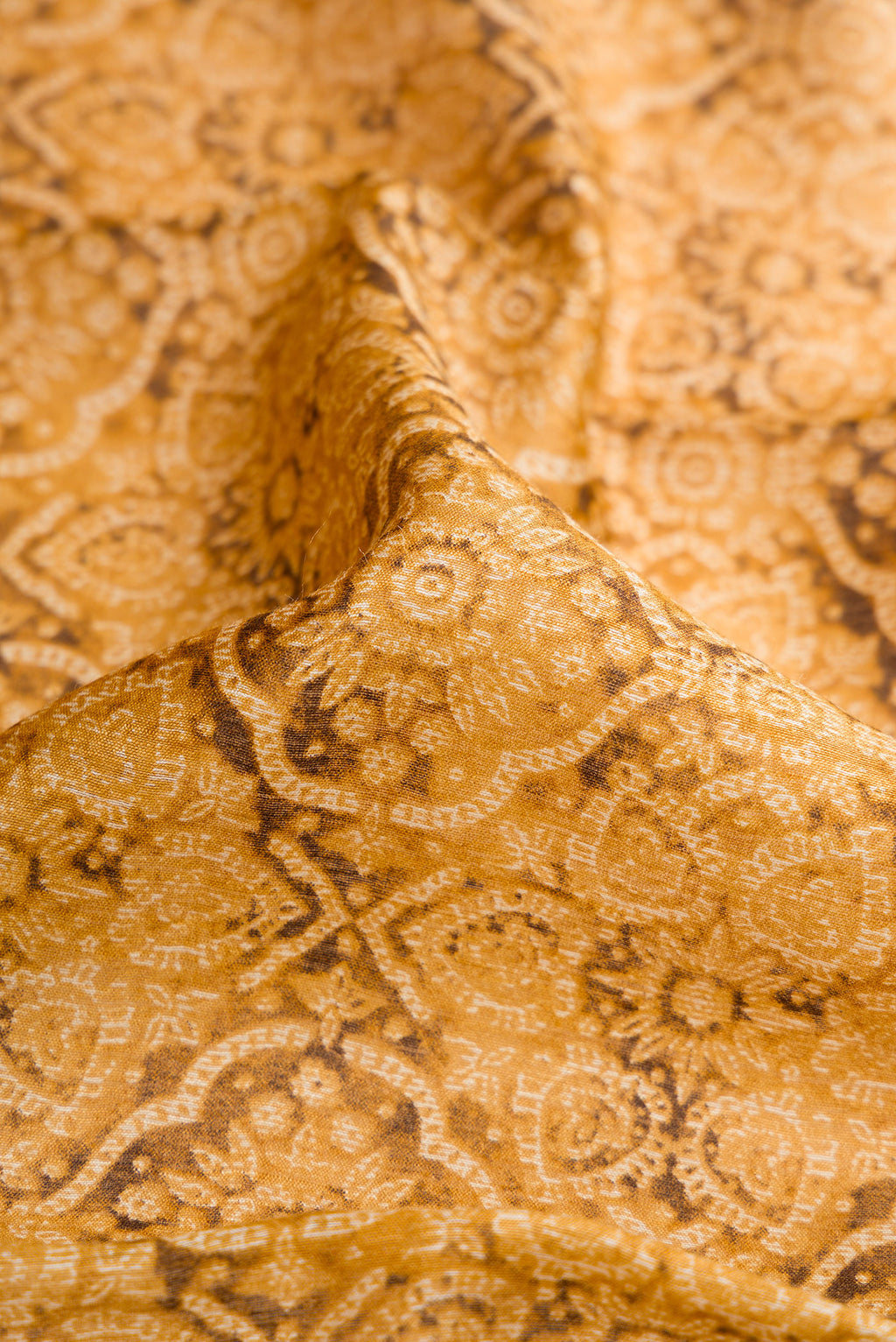 Close up of Mustard Dual Tone Tussar Silk Saree with Printed design on the body and Zari Border.  displaying folds