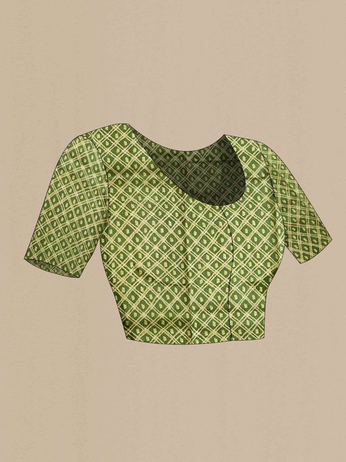 Close up image of the blouse of Green Tussar Silk Saree with Printed design on the body and Printed Border