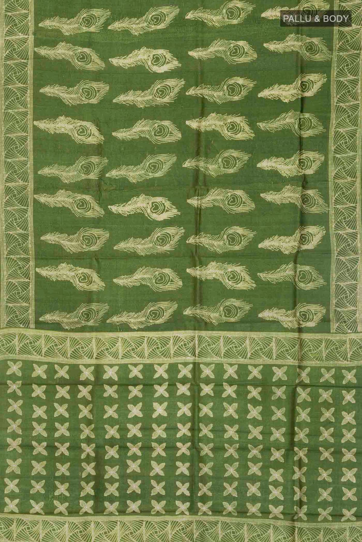 Flat view of Green Tussar Silk Saree with Printed design on the body and Printed Border