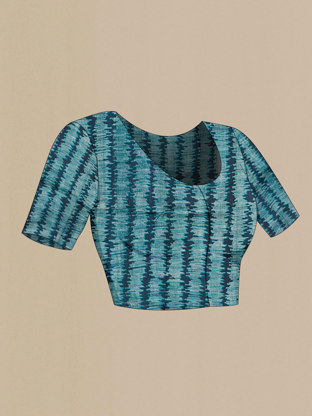 Close up image of the blouse of Blue Bhagalpuri Tussar Silk Saree with Printed design on the body and Printed Border
