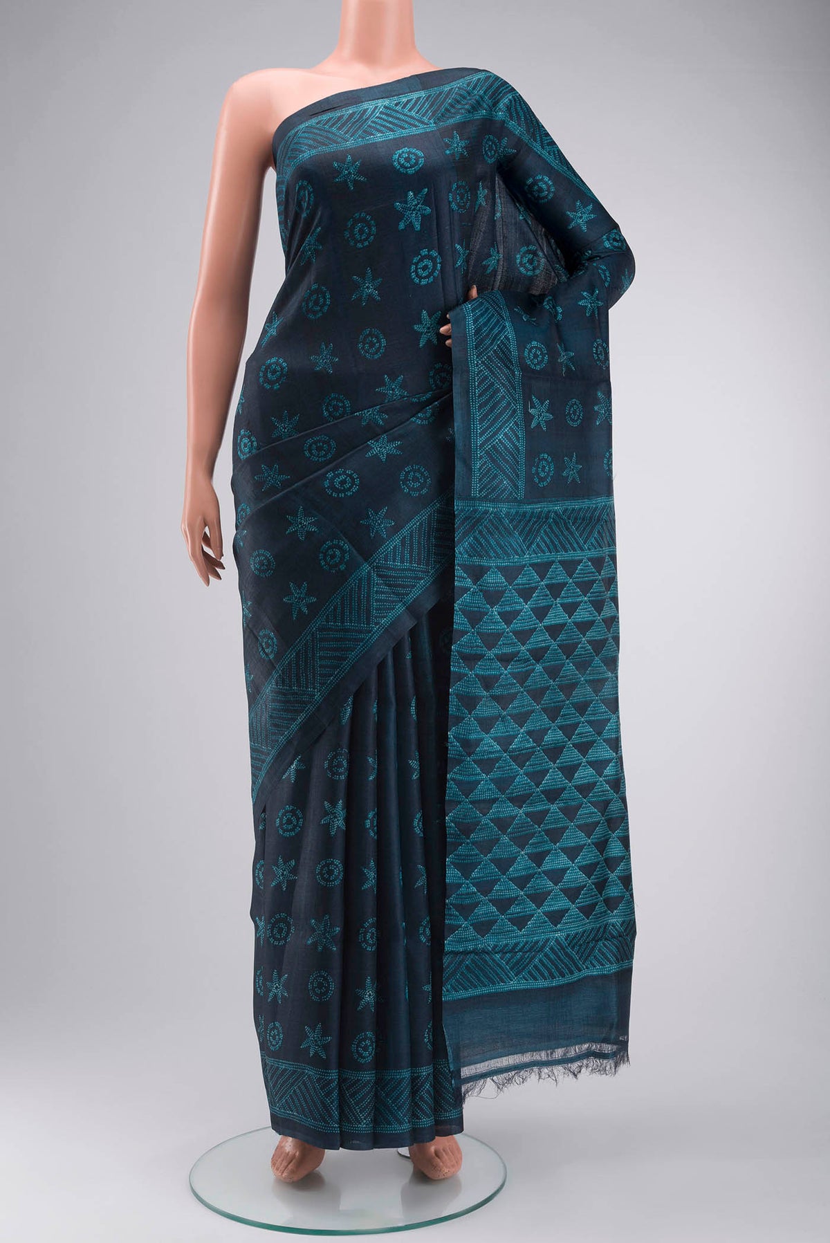 Blue Bhagalpuri Tussar Silk Saree with Printed design on the body and Printed Border displayed on a mannequin