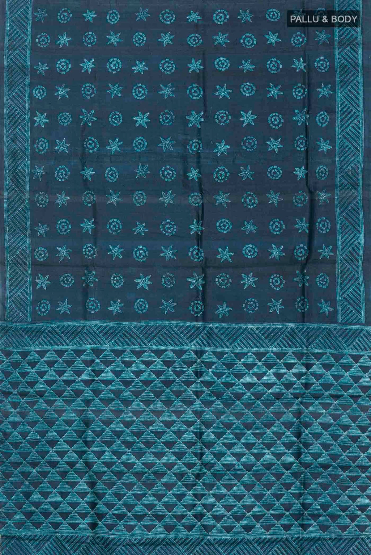 Flat view of Blue Bhagalpuri Tussar Silk Saree with Printed design on the body and Printed Border