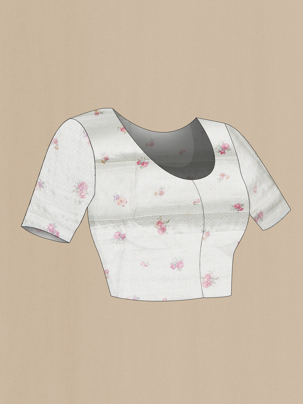 Close up image of the blouse of Grey Organza Silk Saree with Printed design on the body and Fancy Border. 