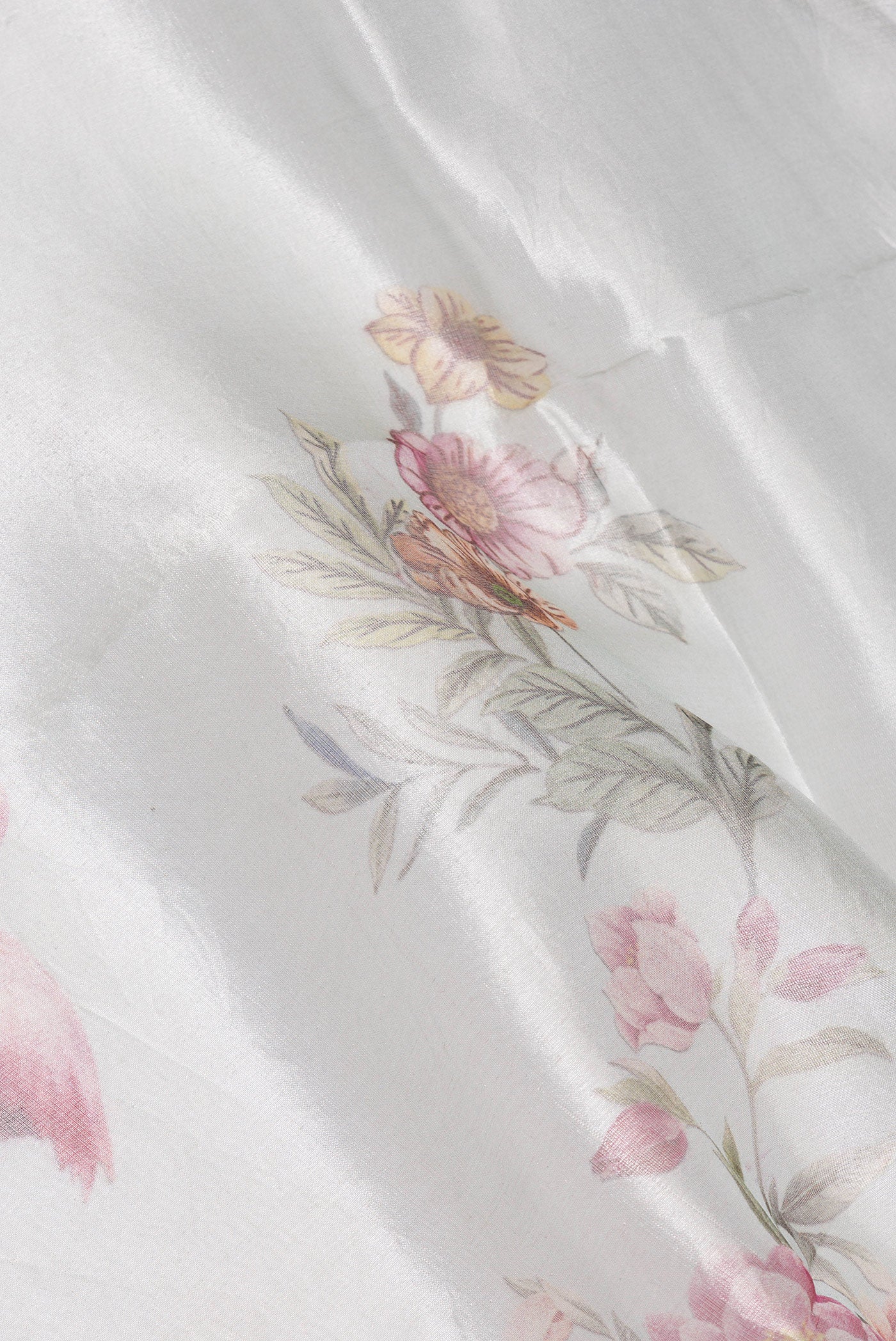 Close up of Grey Organza Silk Saree with Printed design on the body and Fancy Border.  displaying folds