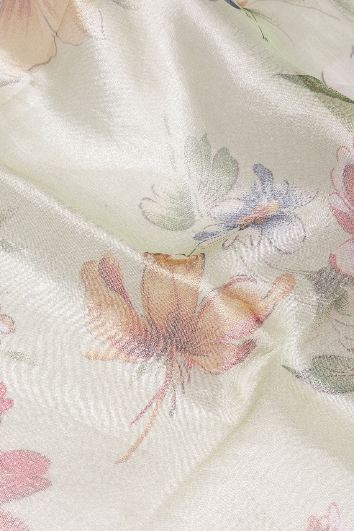 Close up of Pista Green Dual Tone Organza Silk Saree with Printed design on the body and Fancy Border.  displaying folds