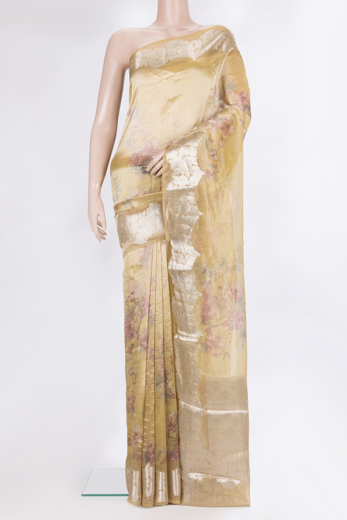 Yellow Dual Tone Organza Saree with Zari Brocade on the body and Fancy Border.  displayed on a mannequin