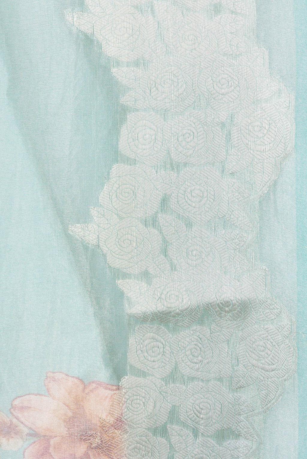 Border image of Sky Blue Dual Tone Organza Silk Saree with Printed design on the body and Zari Border. 