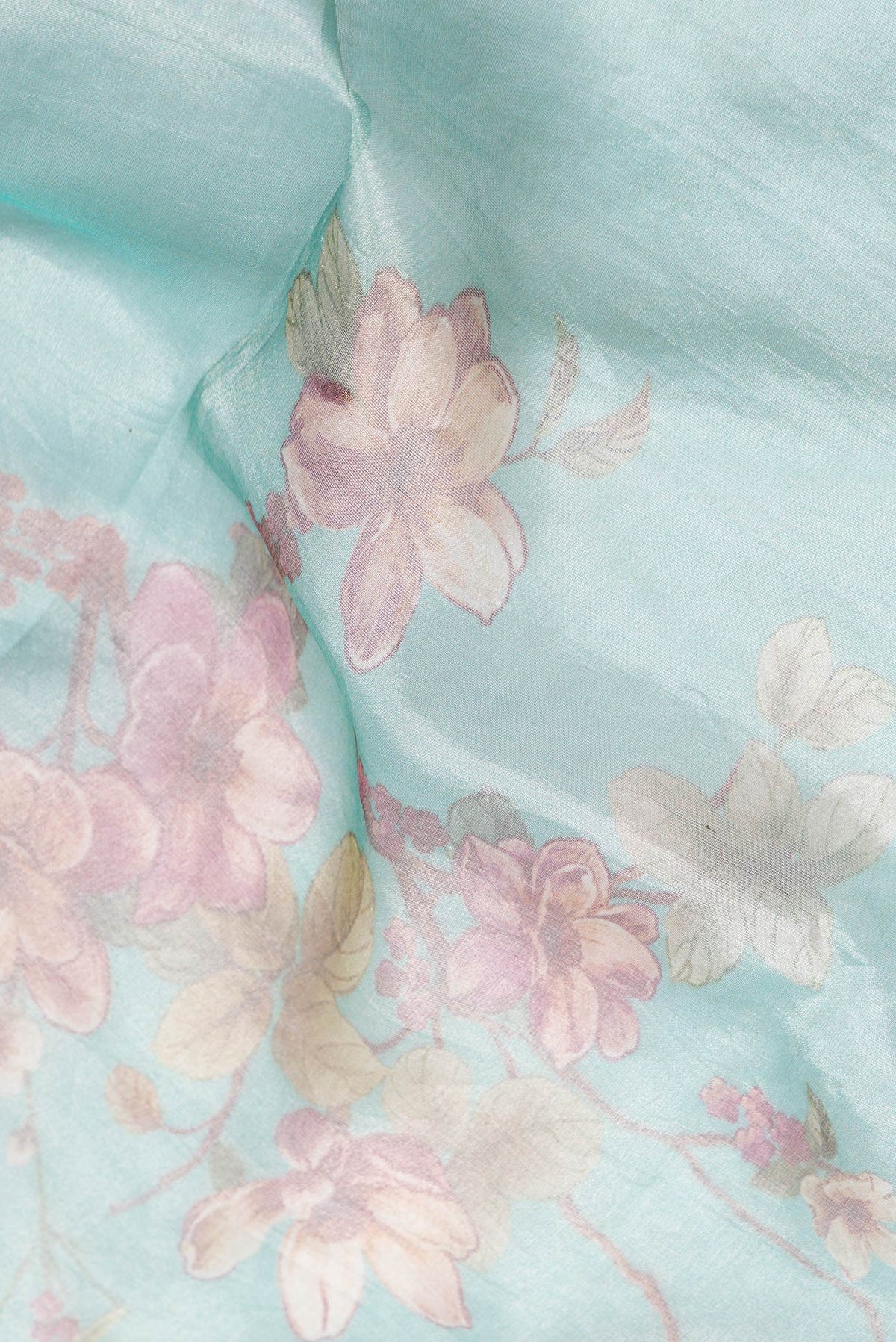 Close up of Sky Blue Dual Tone Organza Silk Saree with Printed design on the body and Zari Border.  displaying folds