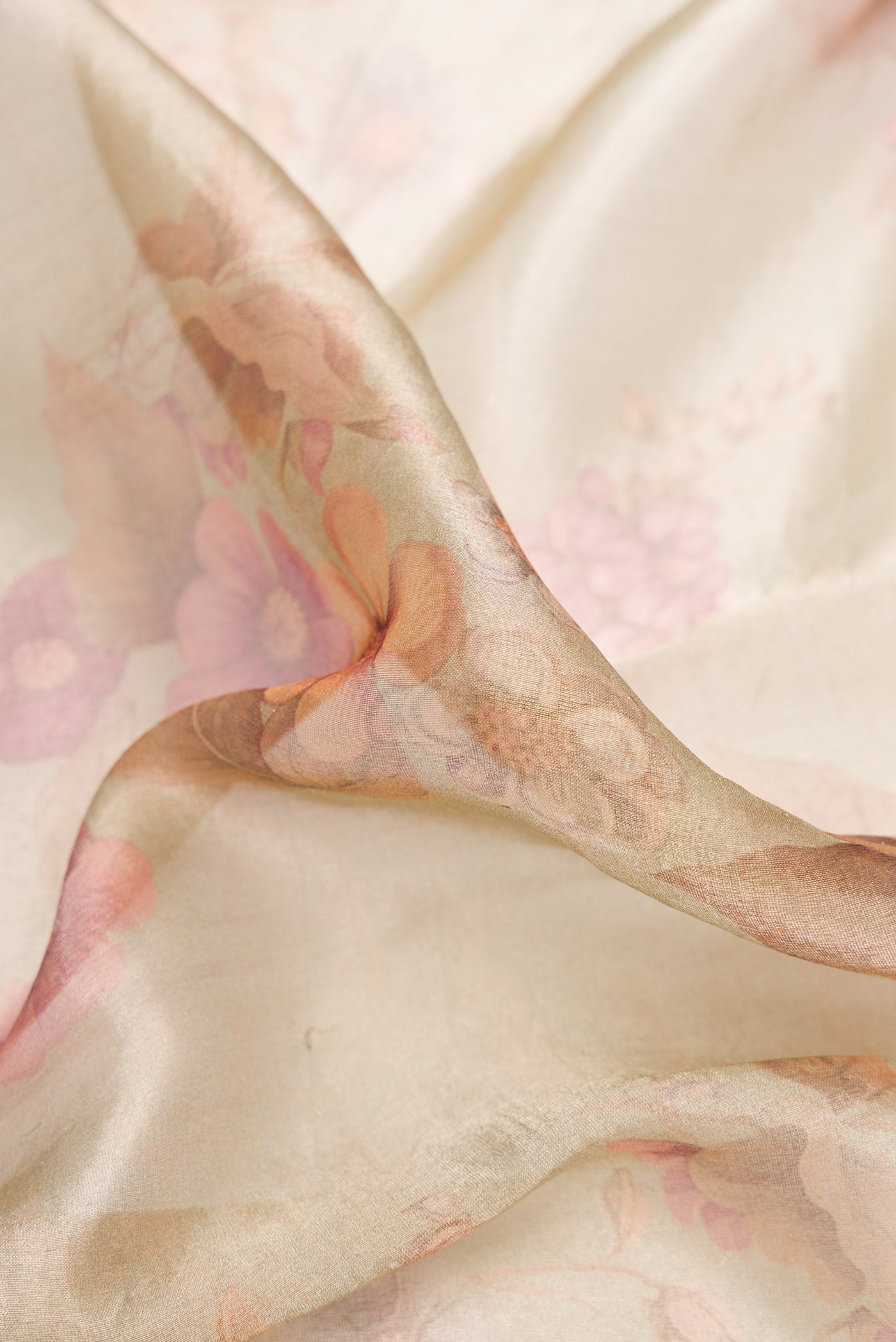 Close up of Pista Green Dual Tone Organza Silk Saree with Printed design on the body and Fancy Border.  displaying folds