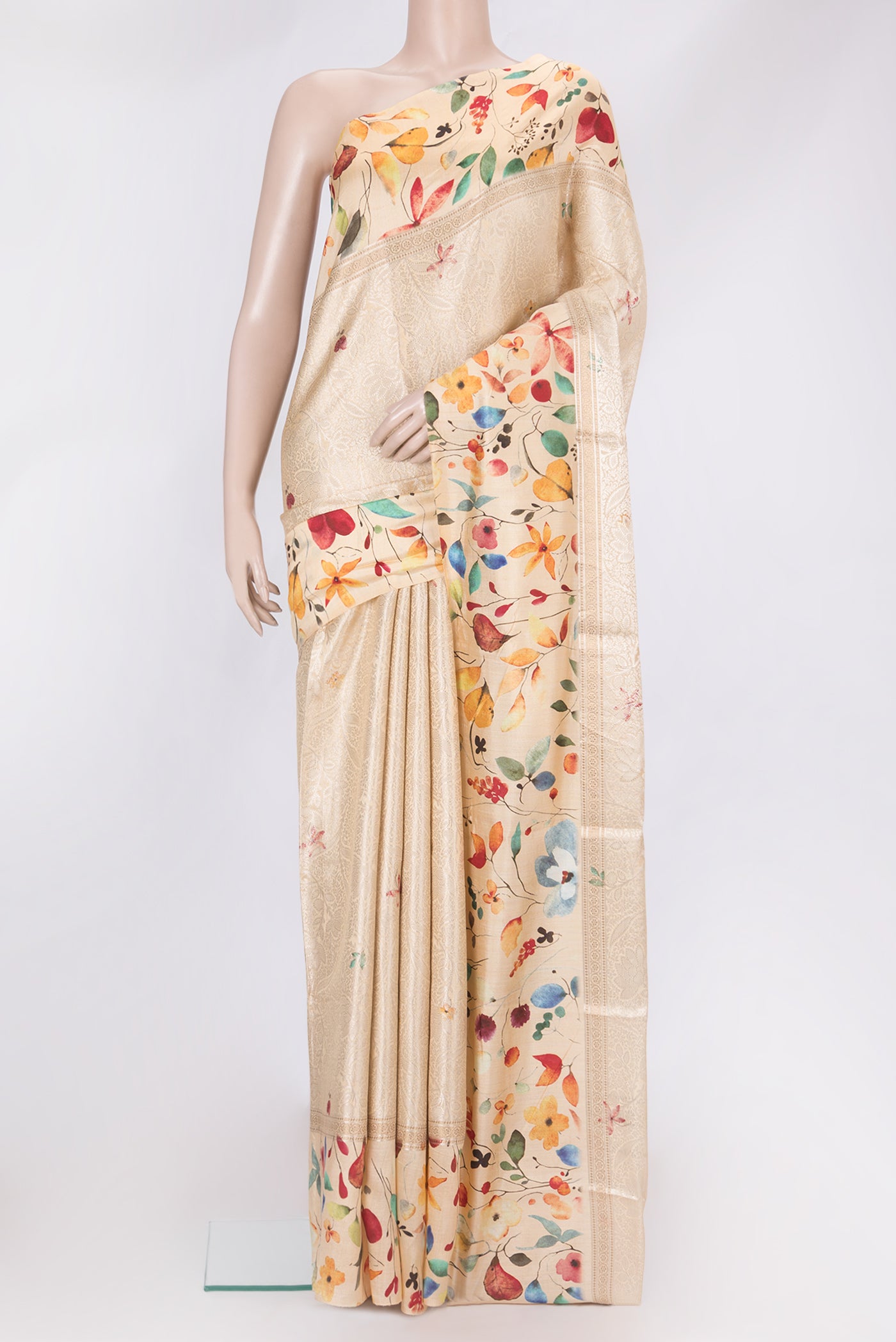 Sandal Tussar Silk Saree with Zari Brocade on the body and Fancy Border.  displayed on a mannequin