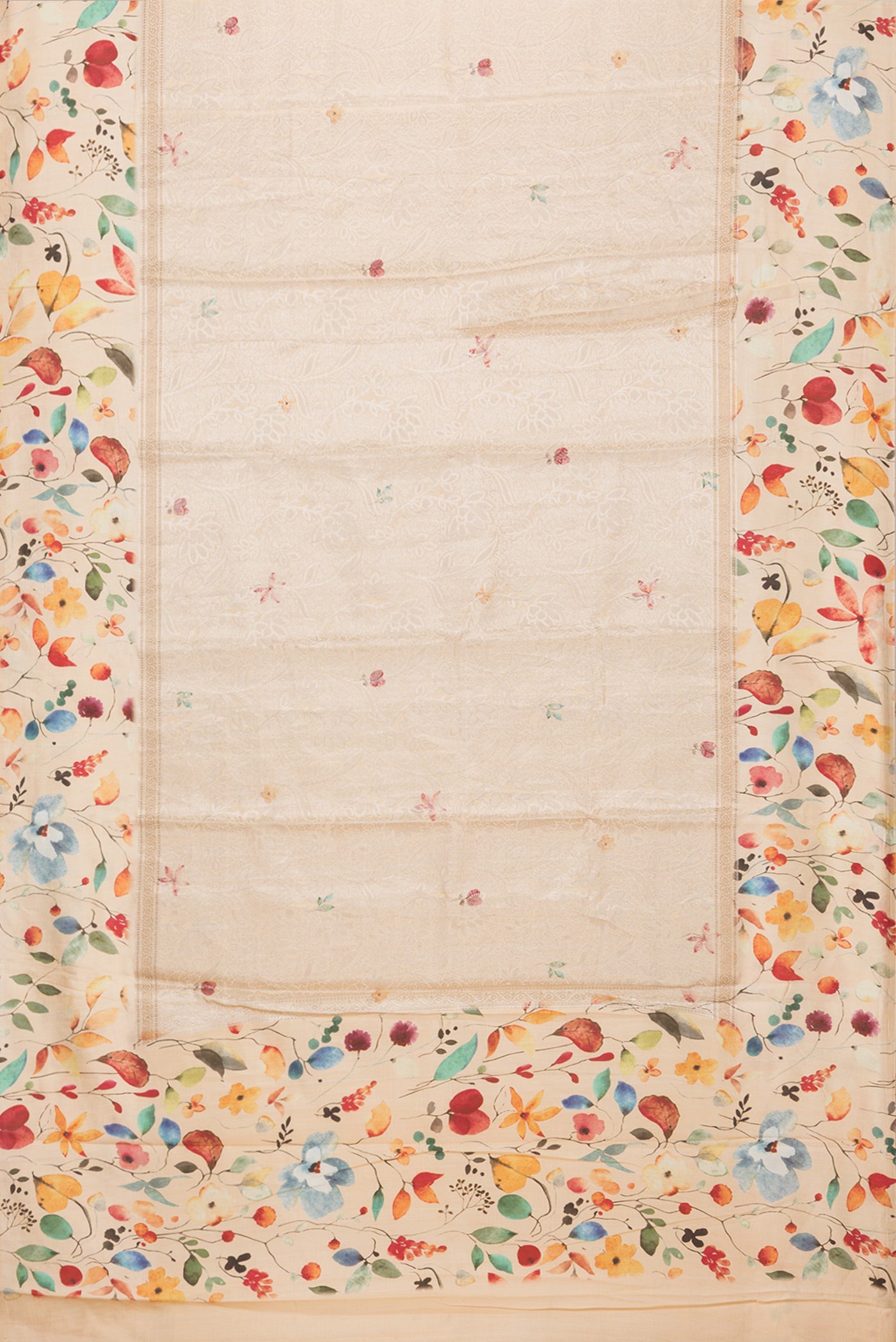 Flat view of Sandal Tussar Silk Saree with Zari Brocade on the body and Fancy Border. 