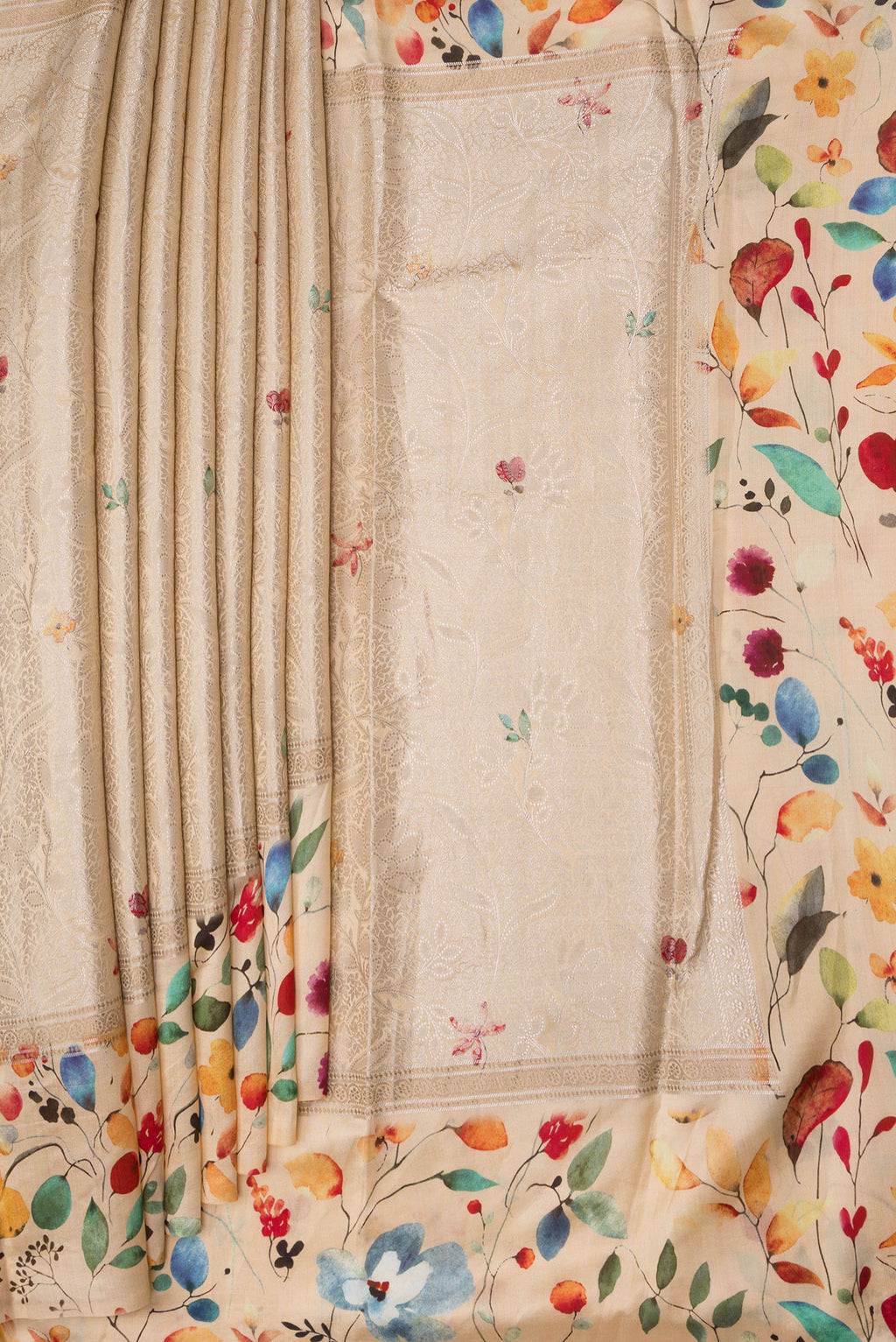 Pleats and pallu of Sandal Tussar Silk Saree with Zari Brocade on the body and Fancy Border. 