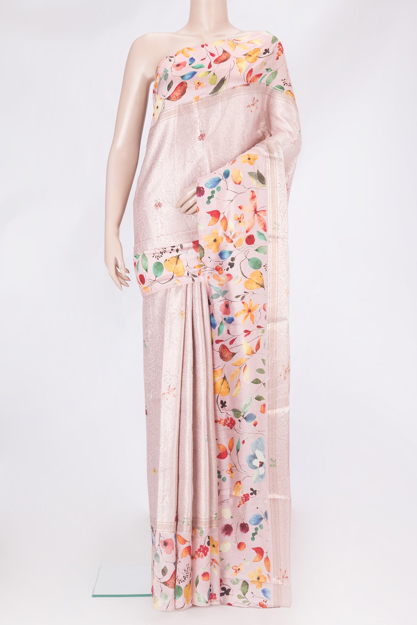 Pink Tussar Silk Saree with Zari Brocade on the body and Fancy Border.  displayed on a mannequin