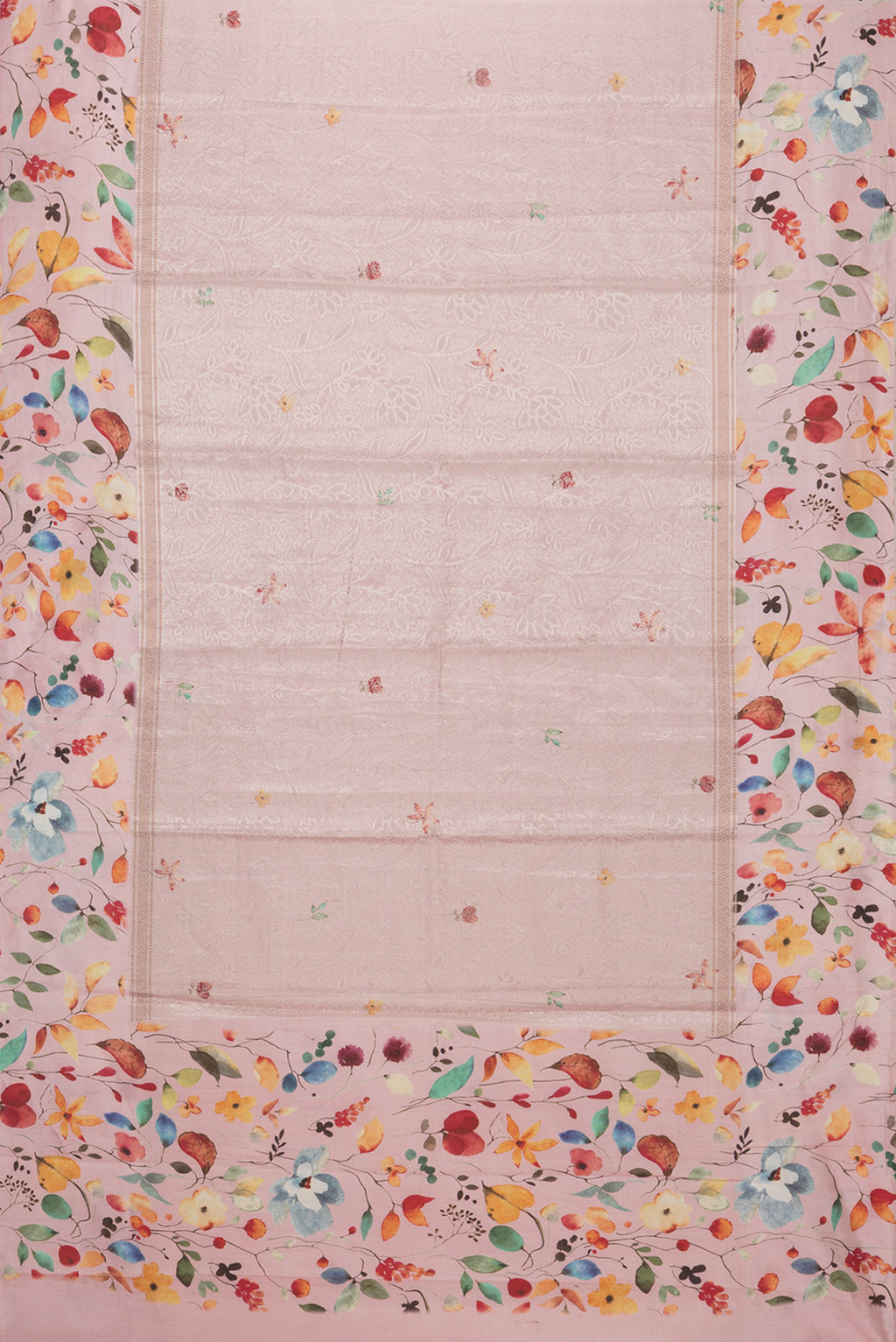 Flat view of Pink Tussar Silk Saree with Zari Brocade on the body and Fancy Border. 