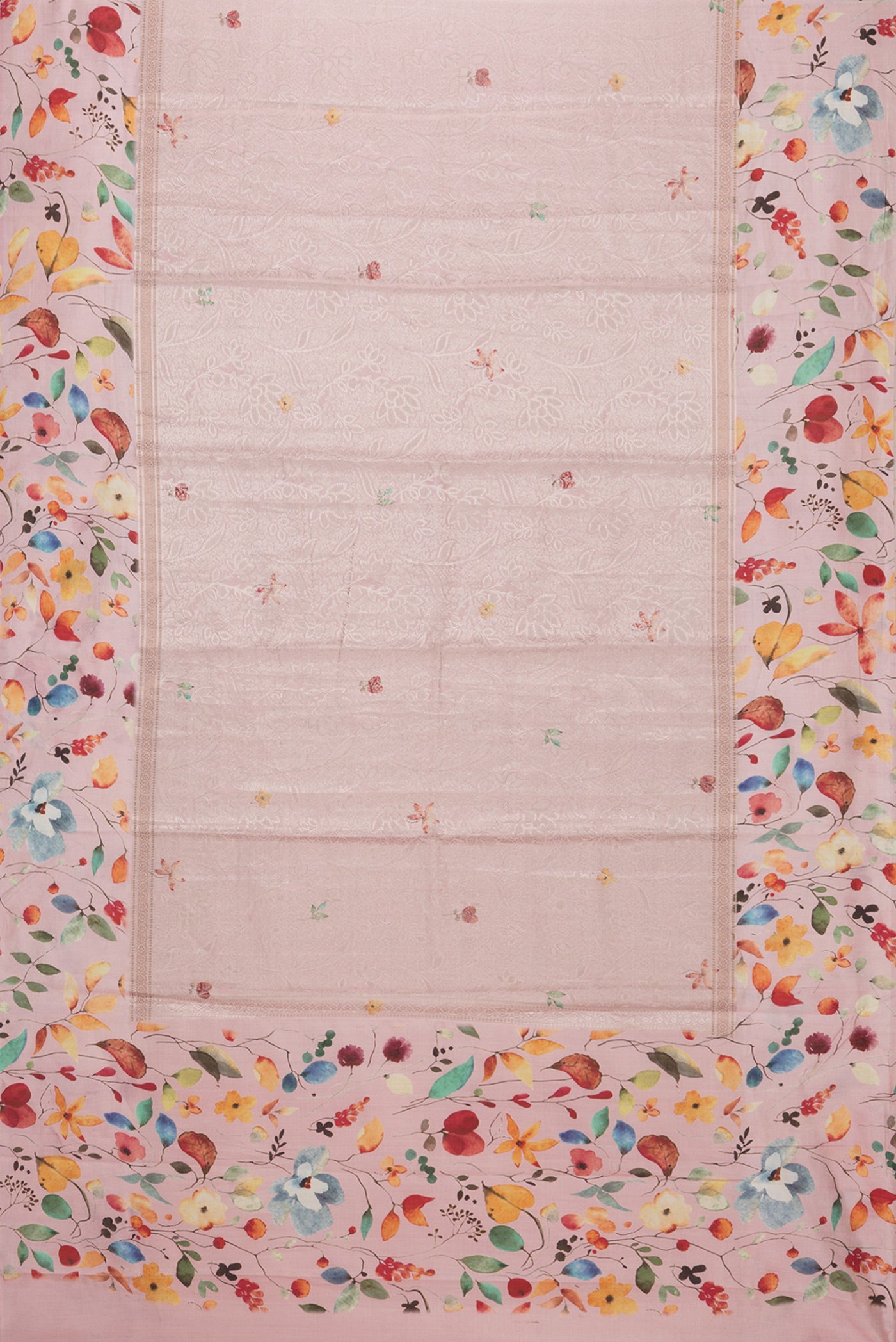 Flat view of Pink Tussar Silk Saree with Zari Brocade on the body and Fancy Border. 