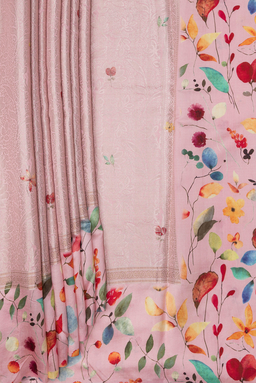 Pleats and pallu of Pink Tussar Silk Saree with Zari Brocade on the body and Fancy Border. 
