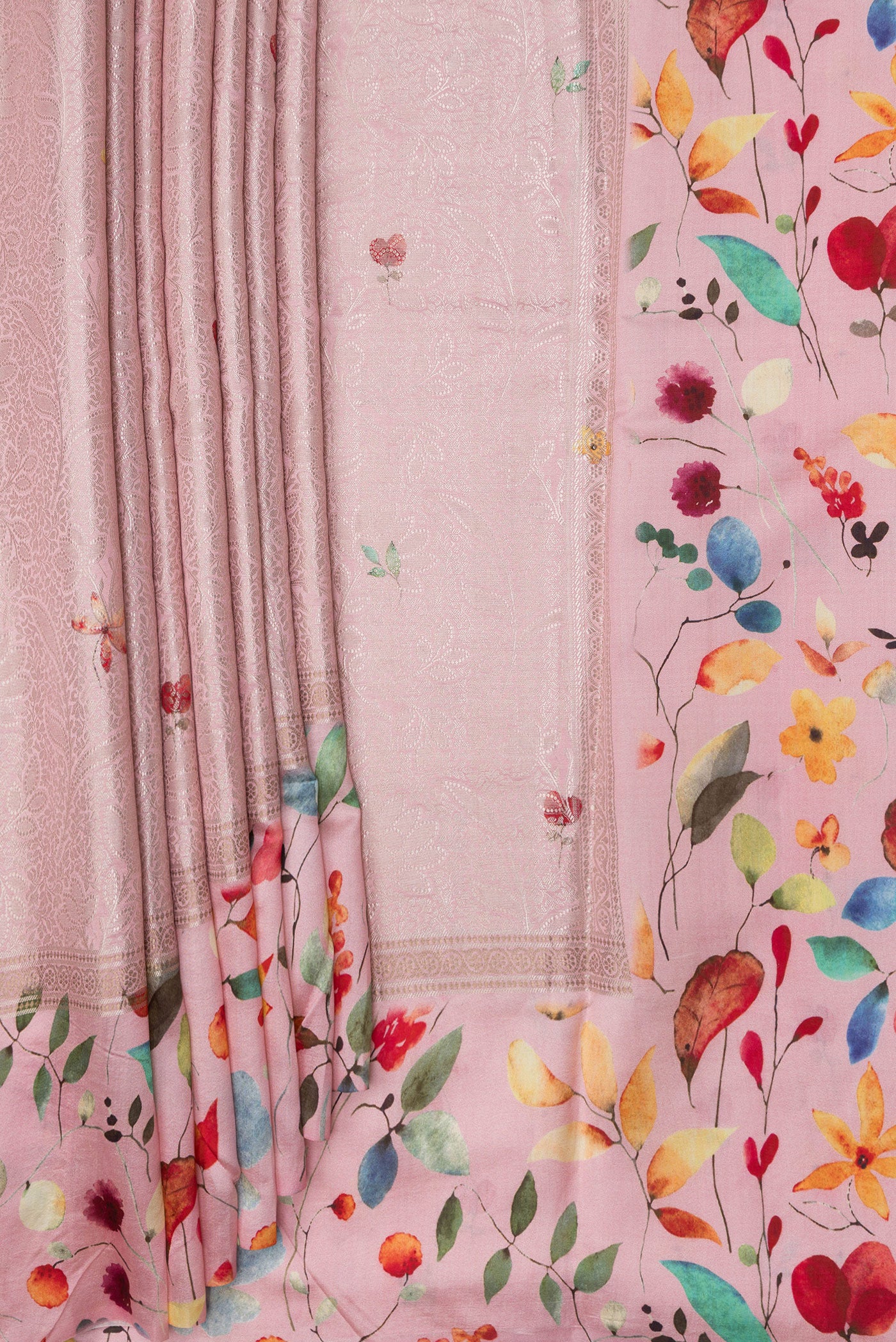 Pleats and pallu of Pink Tussar Silk Saree with Zari Brocade on the body and Fancy Border. 