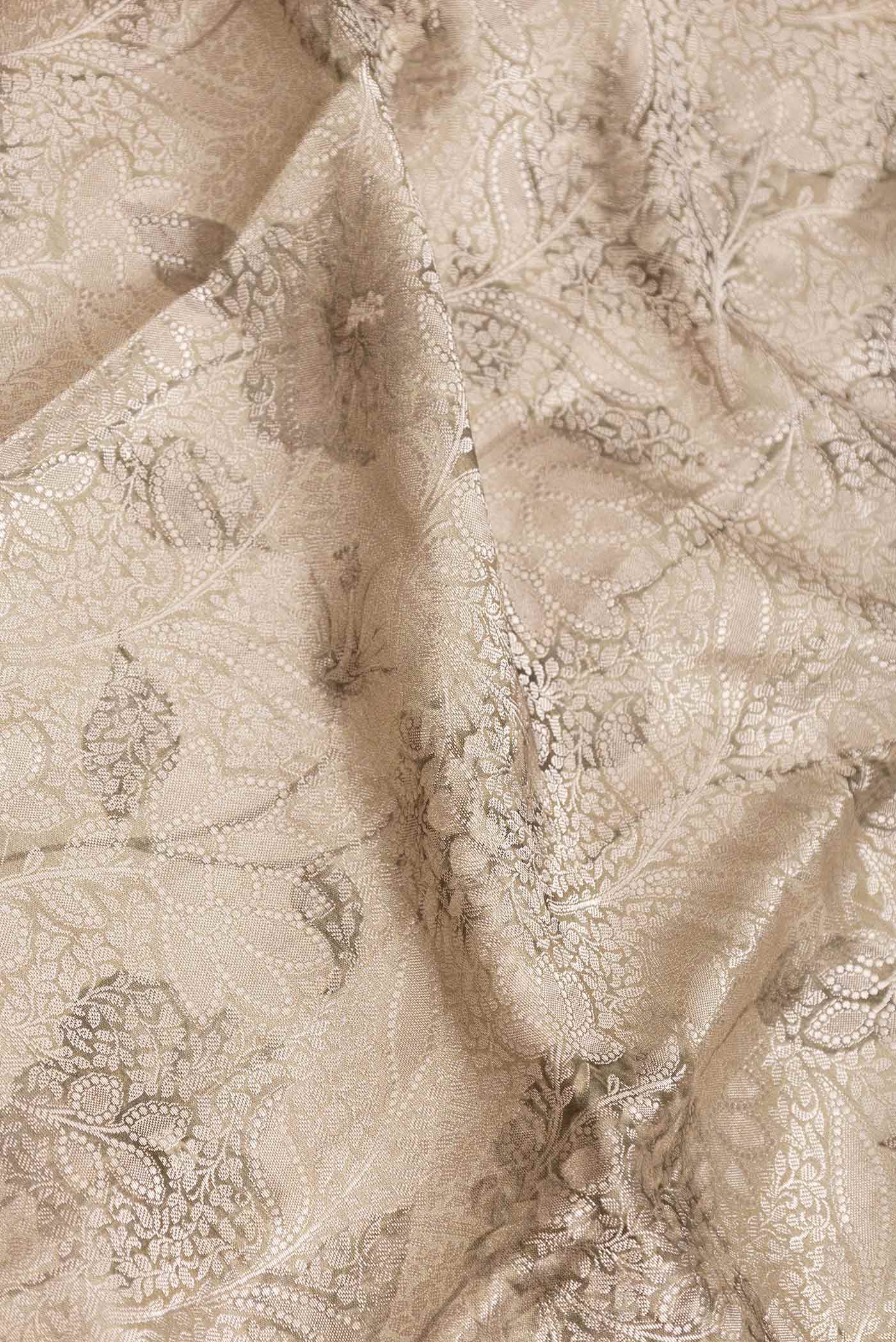 Close up of Beige Dual Tone Tussar Saree with Zari Brocade on the body and Fancy Border displaying folds