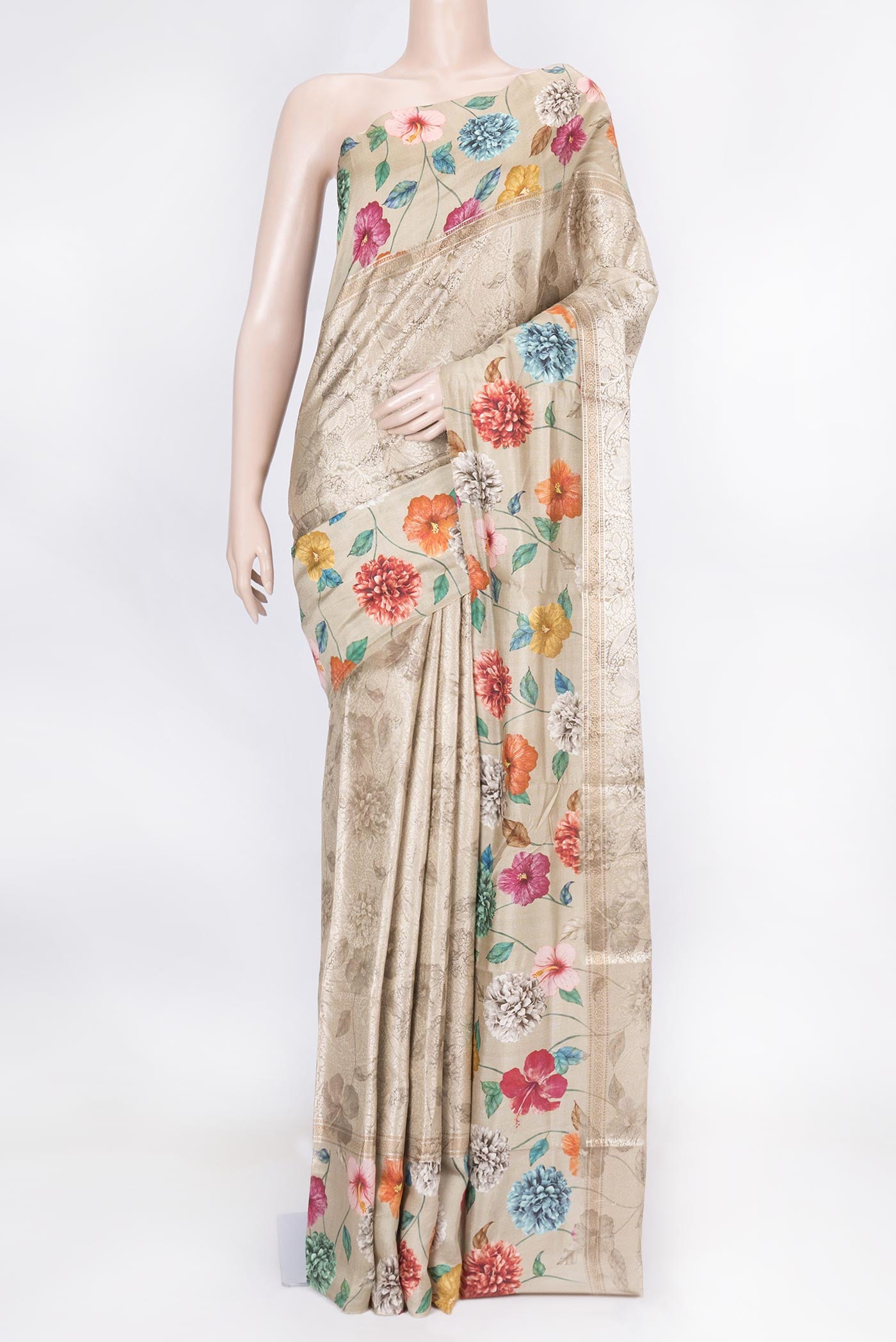 Beige Dual Tone Tussar Saree with Zari Brocade on the body and Fancy Border displayed on a mannequin
