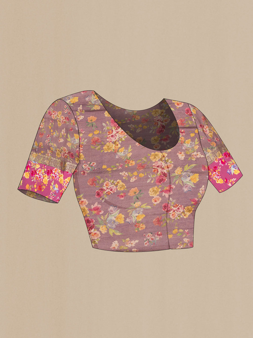 Close up image of the blouse of Pure Silk Mauve Tussar Saree with Zari Butta on the body and Fancy Border. 
