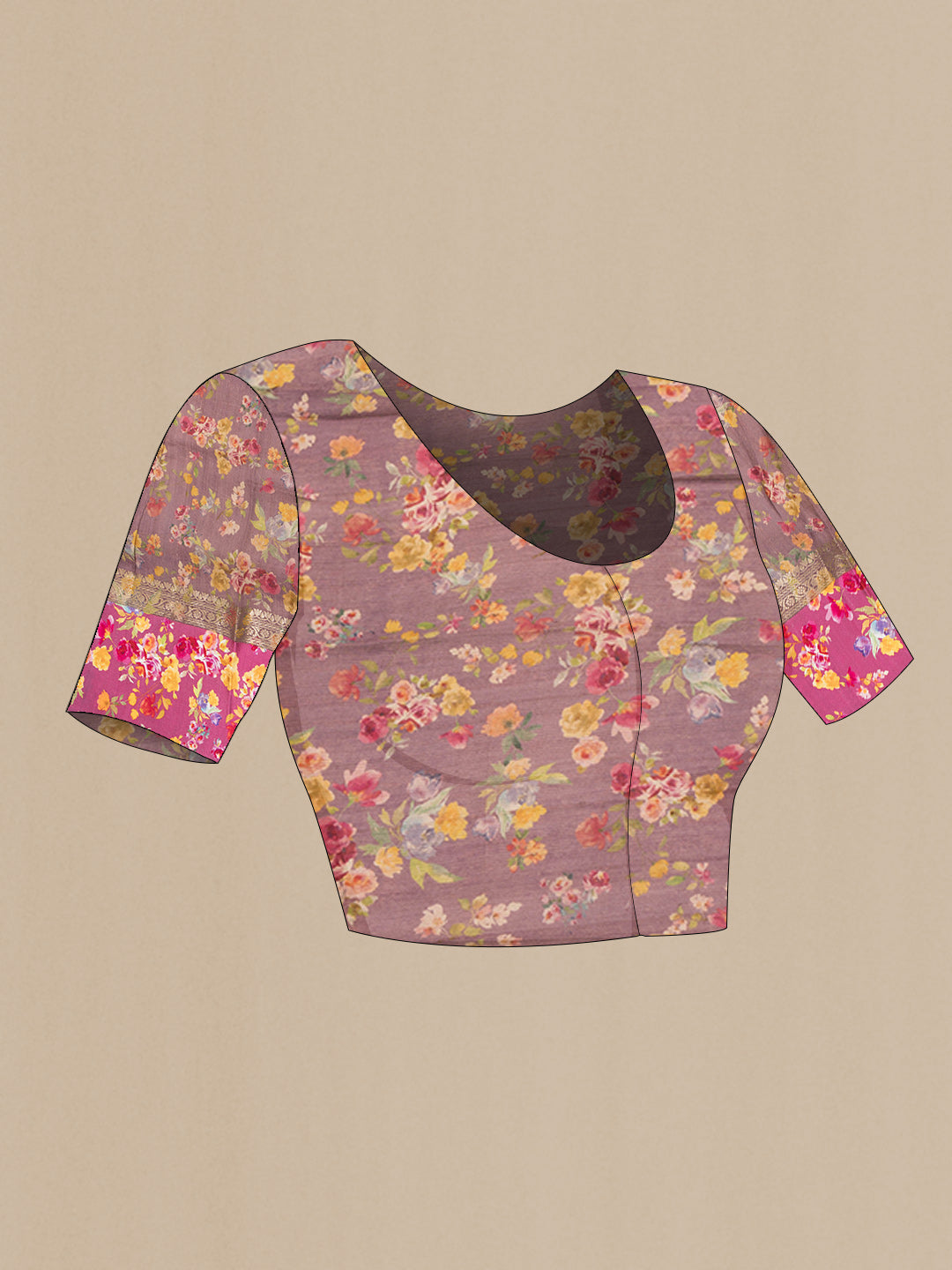 Close up image of the blouse of Pure Silk Mauve Tussar Saree with Zari Butta on the body and Fancy Border. 