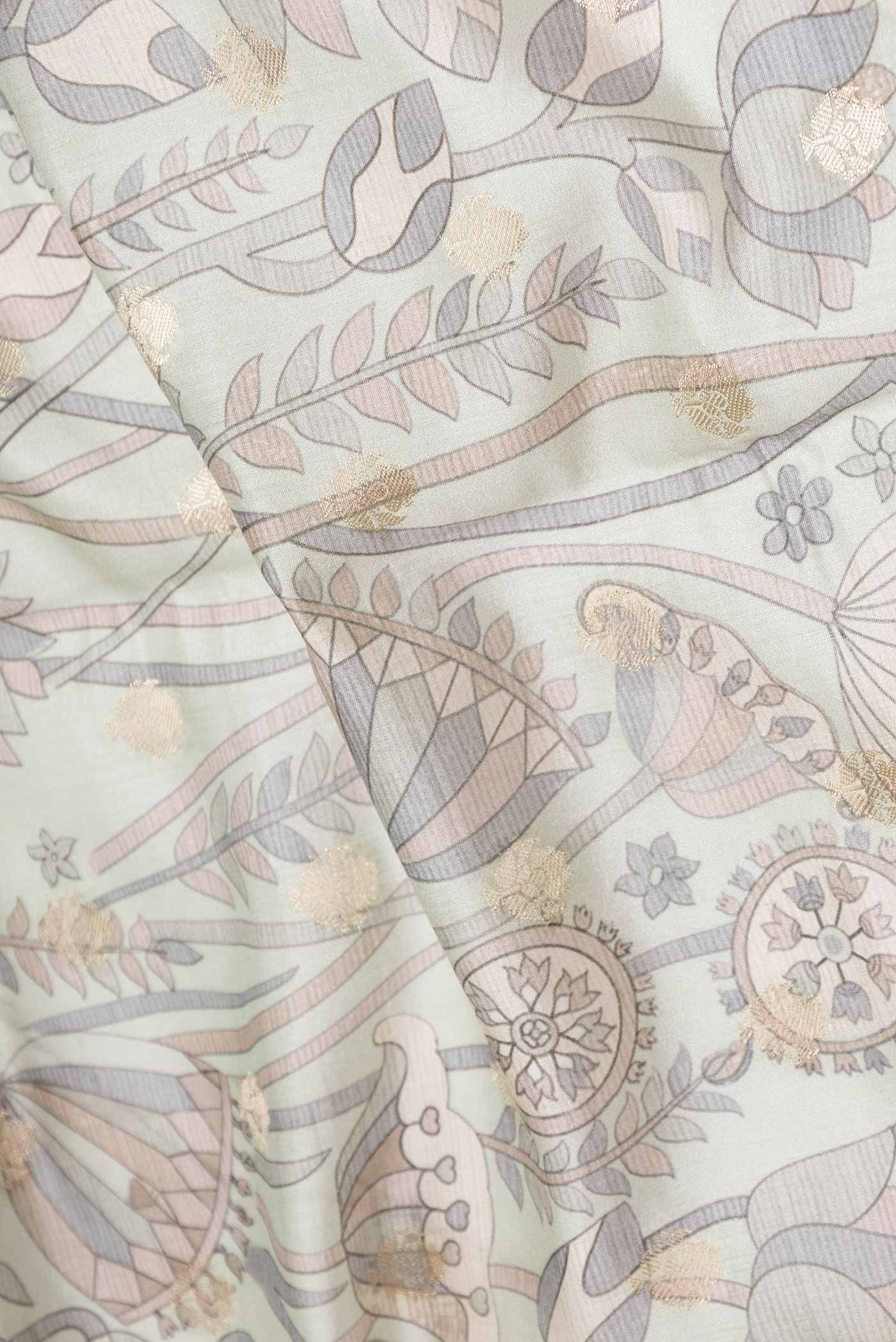 Close up of Light Green Dual Tone Tussar Silk Saree with Printed design on the body and Zari Border displaying folds