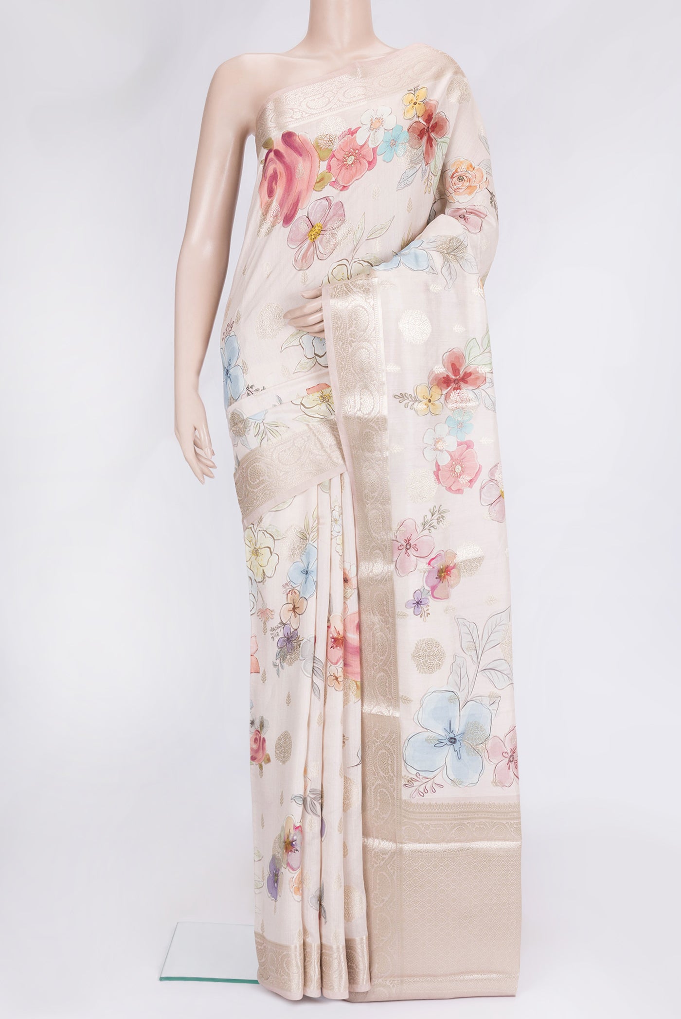 Rose Gold Dual Tone Tussar Silk Saree with Zari Butta on the body and Zari Border.  displayed on a mannequin