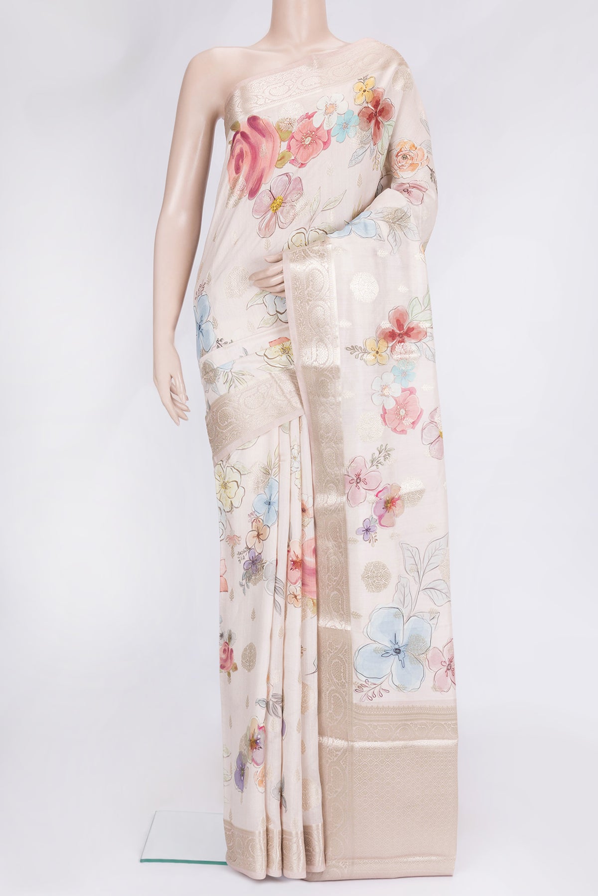 Rose Gold Dual Tone Tussar Silk Saree with Zari Butta on the body and Zari Border.  displayed on a mannequin