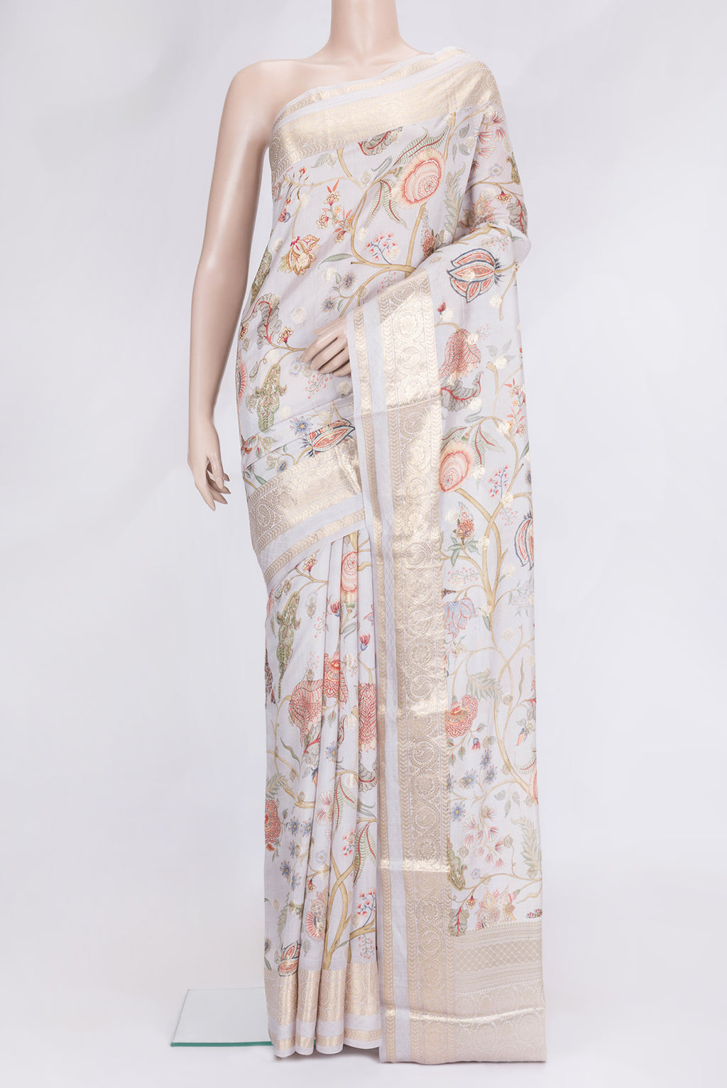 Lavender Dual Tone Tussar Silk Saree with Zari Butta on the body and Zari Border.  displayed on a mannequin