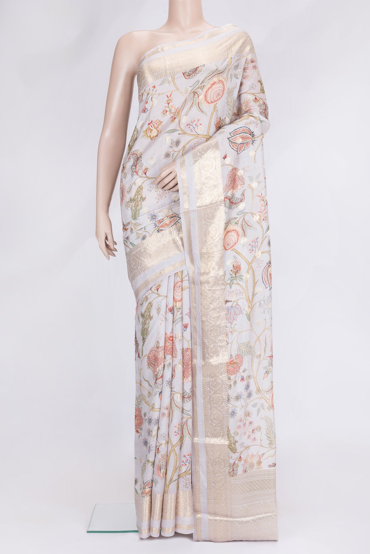 Lavender Dual Tone Tussar Silk Saree with Zari Butta on the body and Zari Border.  displayed on a mannequin