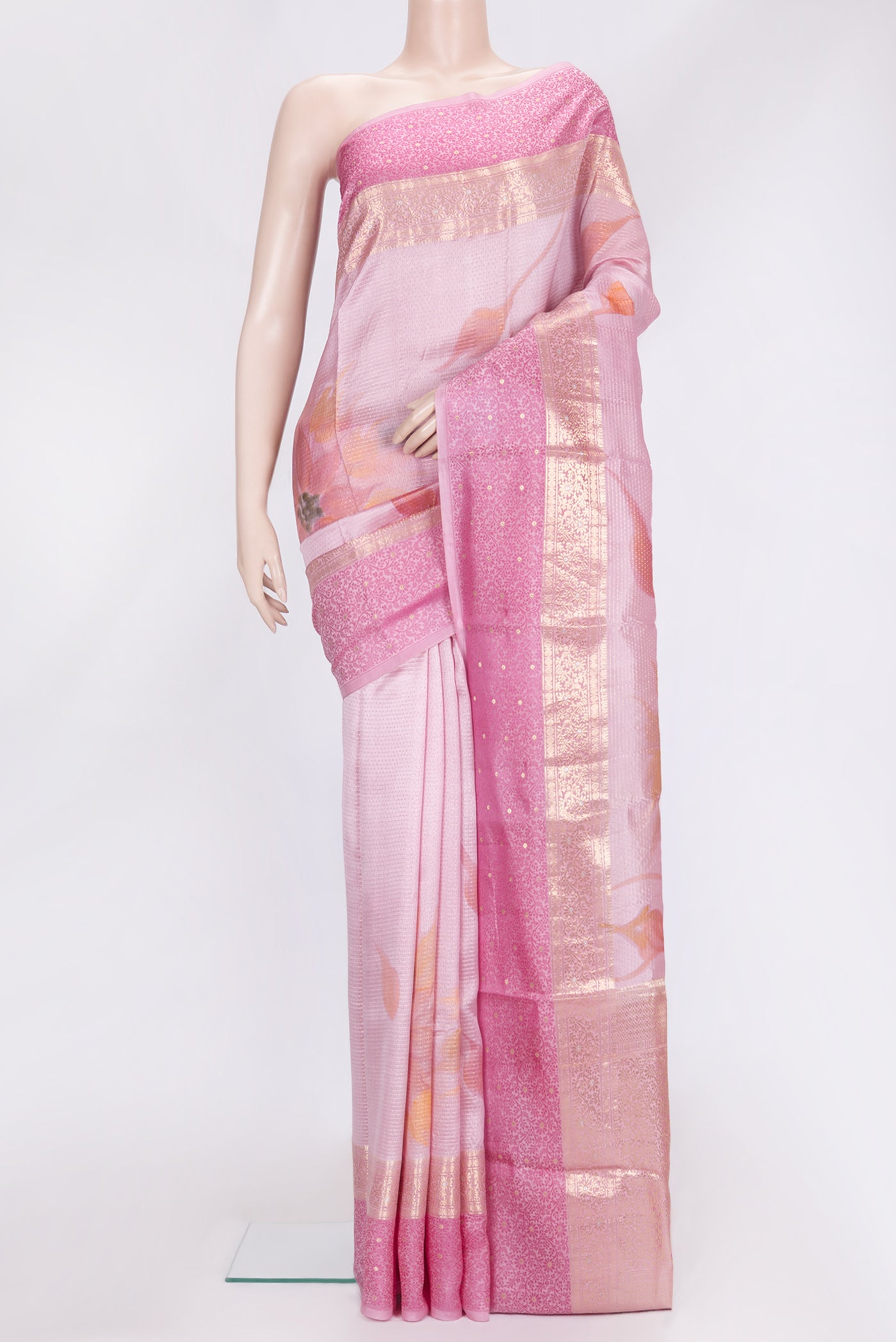 Pink Dual Tone Tussar Silk Saree with Zari Brocade on the body and Zari And Thread Border.  displayed on a mannequin