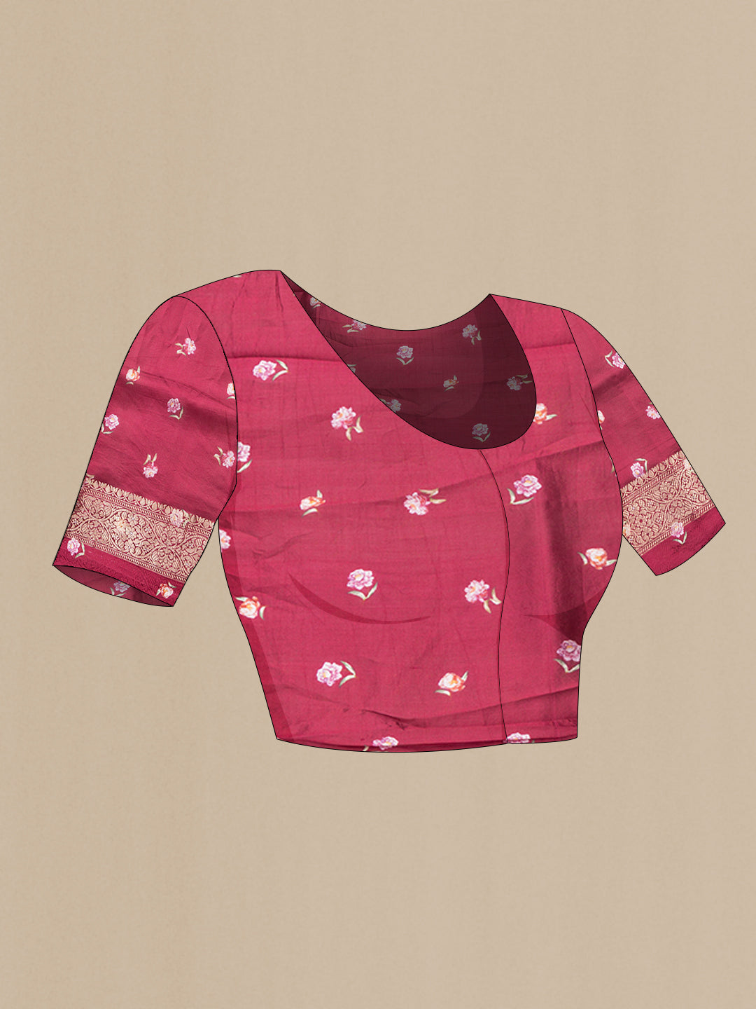 Close up image of the blouse of Maroon Dual Tone Tussar Silk Saree with Printed design on the body and Zari Border. 