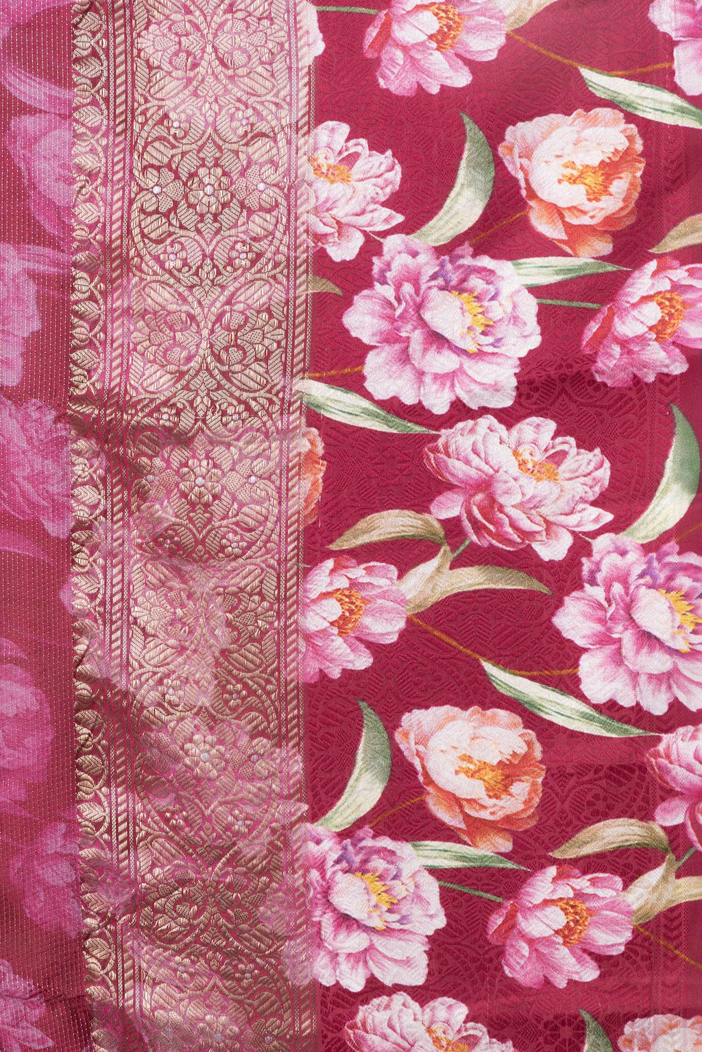 Border image of Maroon Dual Tone Tussar Silk Saree with Printed design on the body and Zari Border. 