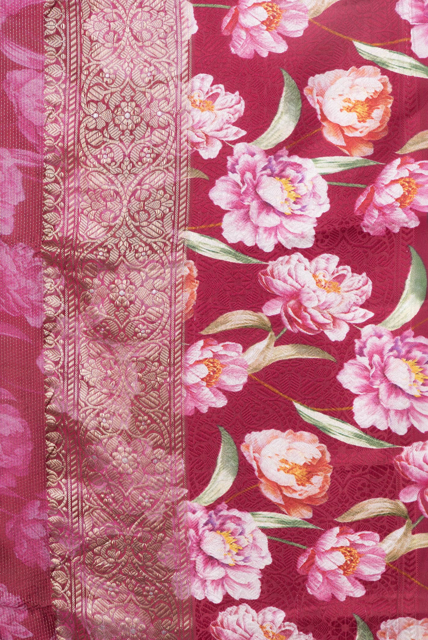 Border image of Maroon Dual Tone Tussar Silk Saree with Printed design on the body and Zari Border. 