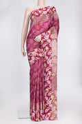 Maroon Dual Tone Tussar Silk Saree with Printed design on the body and Zari Border.  displayed on a mannequin