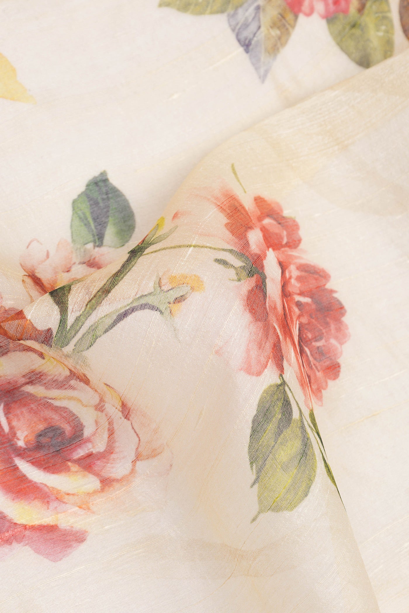 Close up of Sandal Dual Tone Organza Silk Saree with Printed design on the body and Zari Border.  displaying folds
