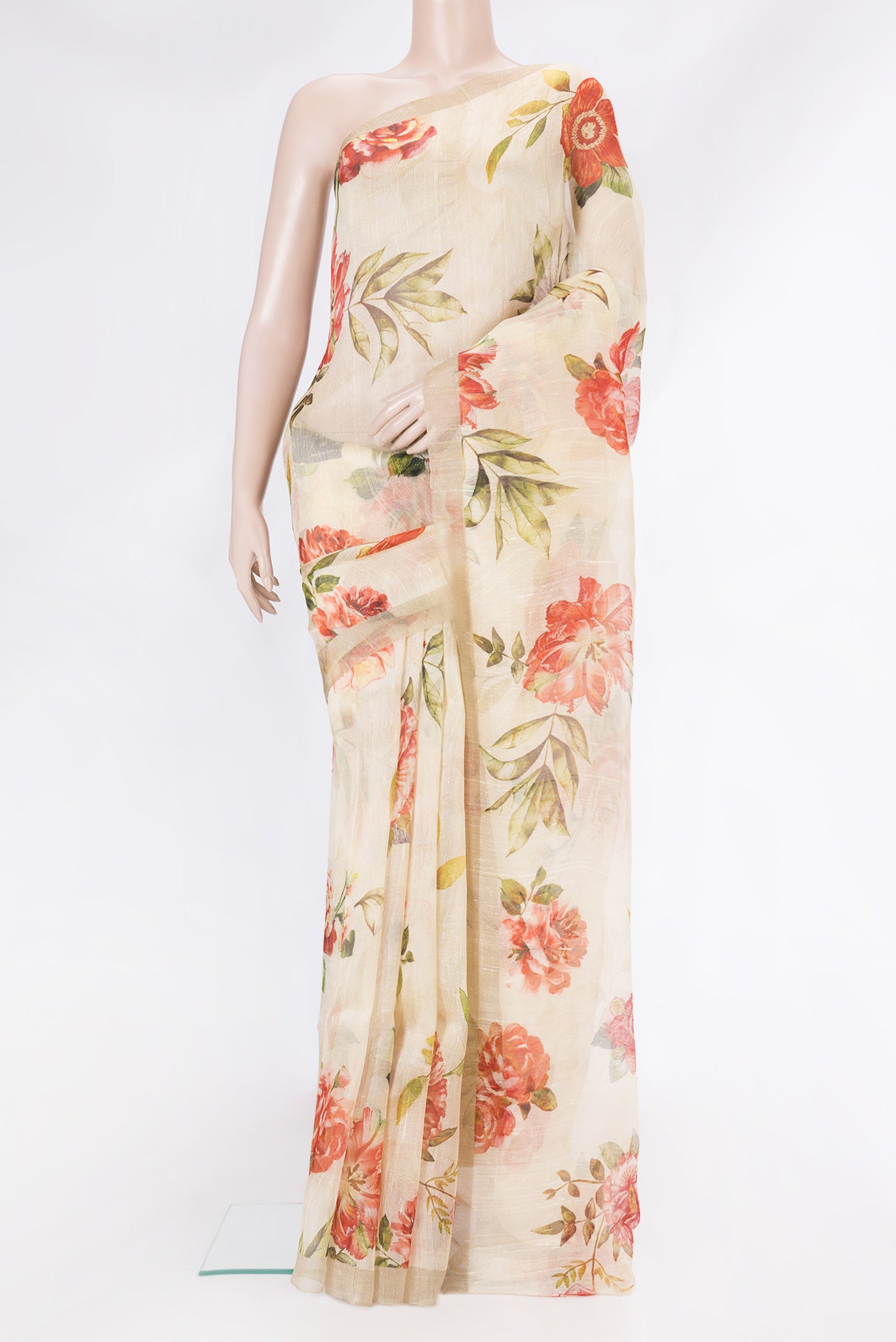 Sandal Dual Tone Organza Silk Saree with Printed design on the body and Zari Border.  displayed on a mannequin