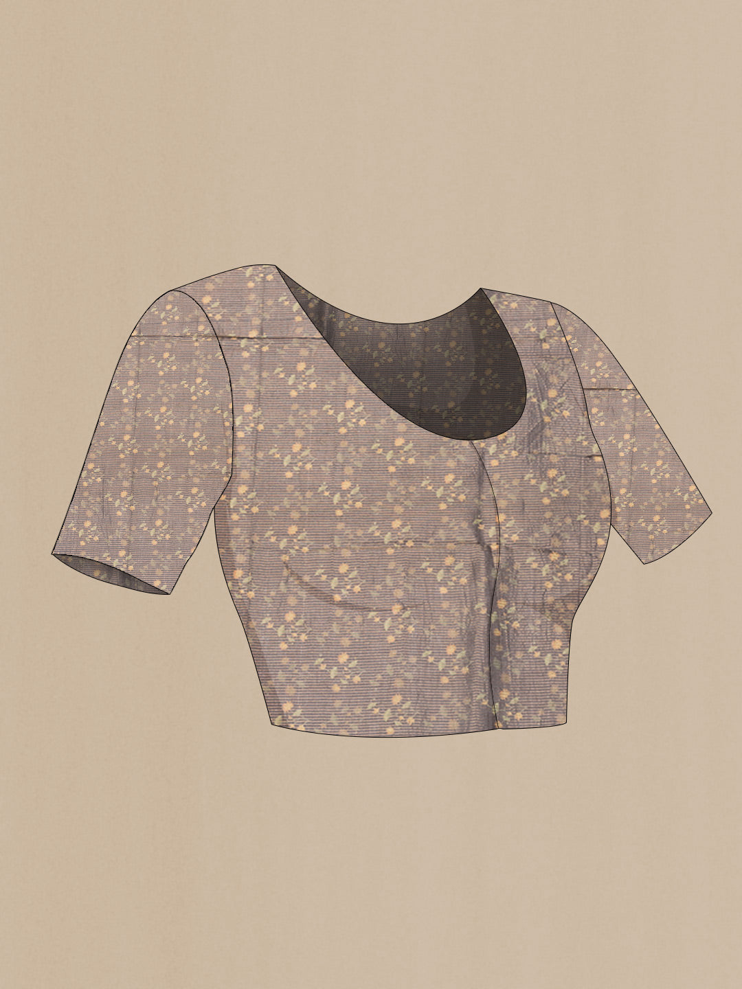 Close up image of the blouse of Grey Dual Tone Tussar Silk SareePrinted design on the body and Zari Border
