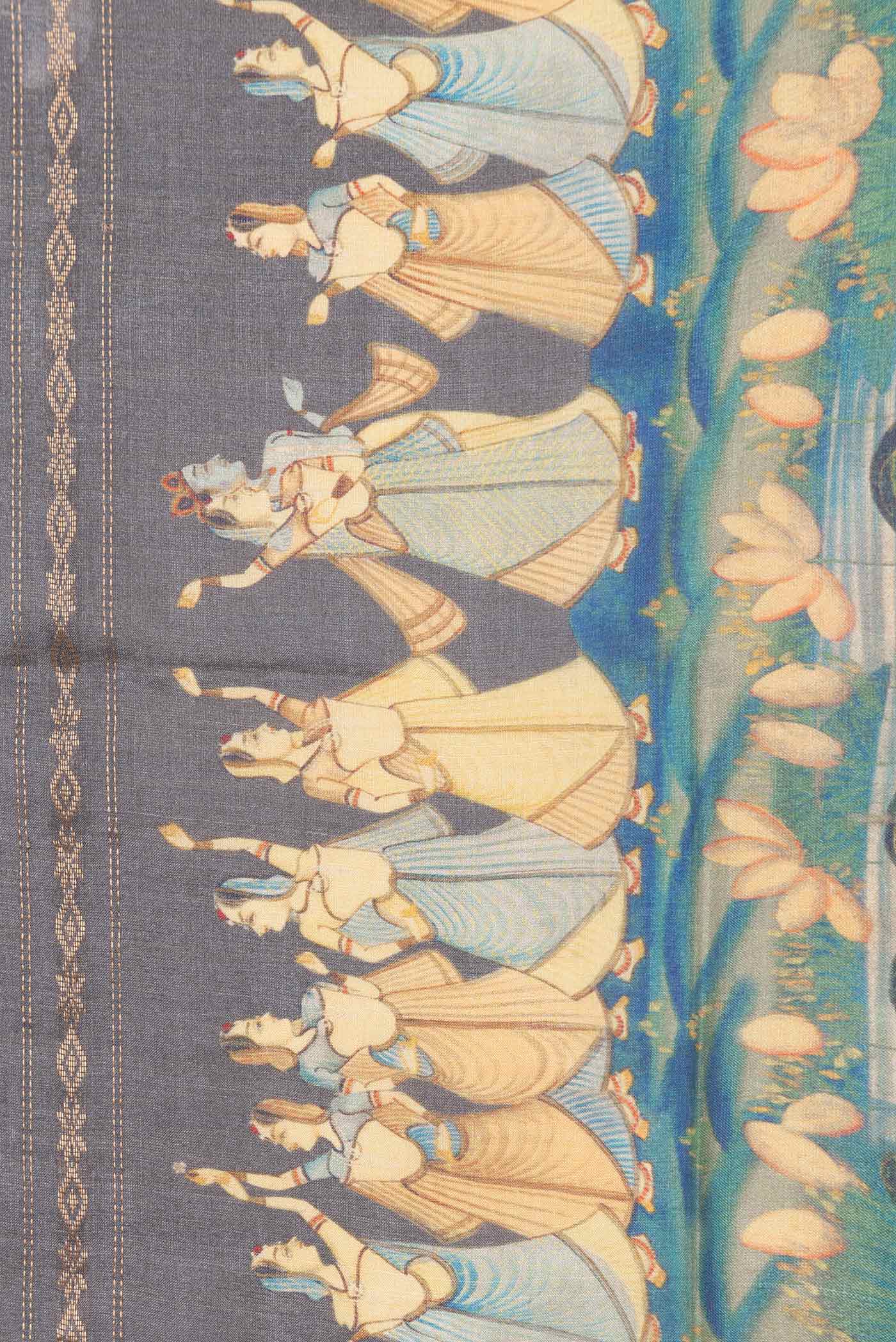 Border image of Grey Dual Tone Tussar Silk SareePrinted design on the body and Zari Border