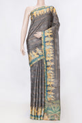 Grey Dual Tone Tussar Silk SareePrinted design on the body and Zari Border displayed on a mannequin